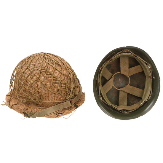 Original French Indochina M1951 Helmet with Liner, Burlap Cover, and Net Original Items