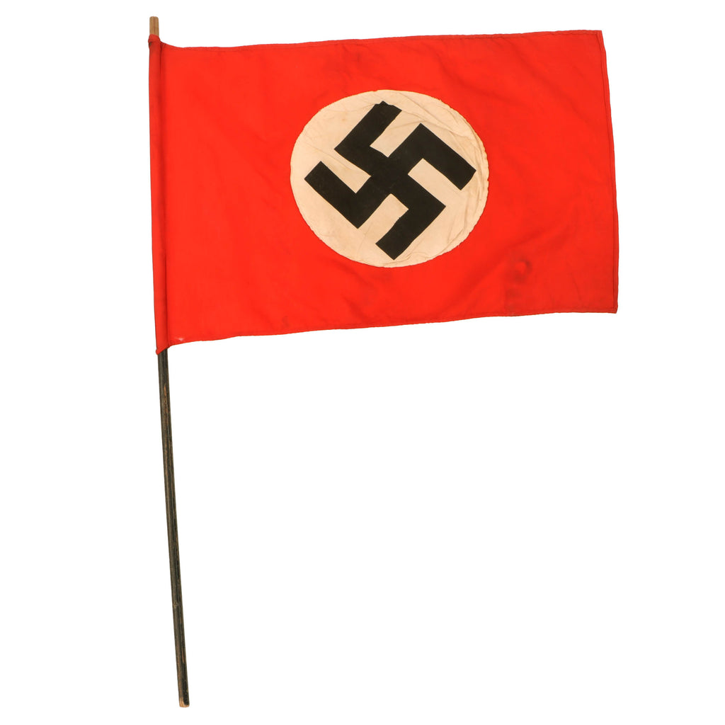 Original German WWII NSDAP Small Double Sided National Political Flag on Wooden Pole - 15" x 22 1/2" Original Items