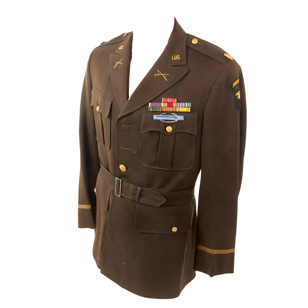 Original U.S. WWII 101st Airborne Infantry Major’s Uniform Jacket with White Tongue 101st Eagle Patch & Ribbon Bar - Named Herbert Wn Thompson Original Items