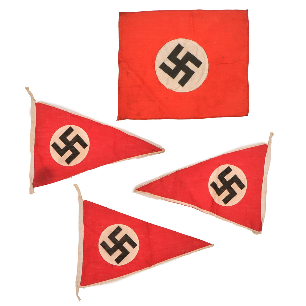 Original German WWII NSDAP National Socialist Small 9 1/8" x 10 3/4" Flag and Set of Three 7 1/2" x 11 1/4" Pennants Original Items