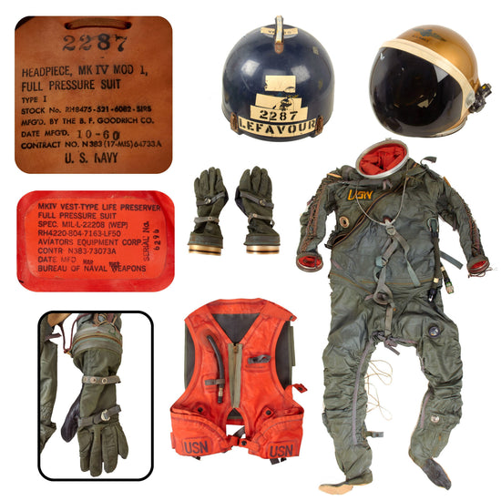 Original U.S. 1950s Navy Fighter Squadron 92 High Altitude Full Pressure MK IV MOD. 1 Flight Helmet & Mark IV MOD. 2 Pressure Suit with Detachable Gloves, Life Preserver and Helmet Transit Case - NASA Mercury Program Original Items
