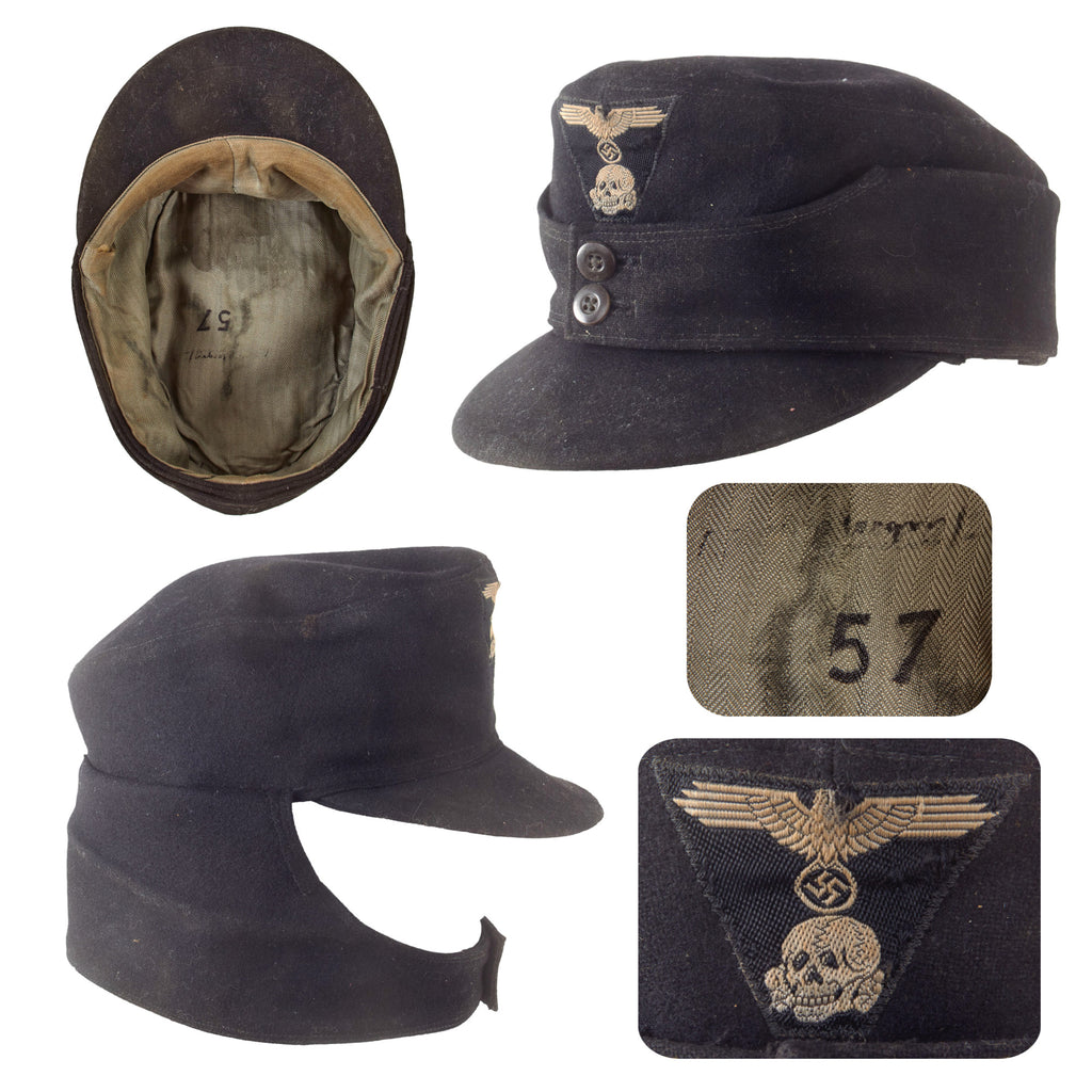 Original German WWII Waffen-SS Panzer Black M43 Field Cap with Rayon HBT Lining - Size 57 Original Items