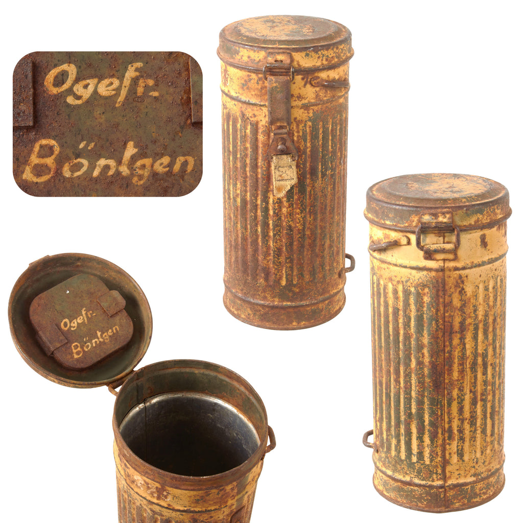 Original German WWII Named Wehrmacht “Long Model” M38 Gas Mask Canister With Afrika Korps Period Applied Desert Camouflage Paint - Ogefr. Böntgen Original Items