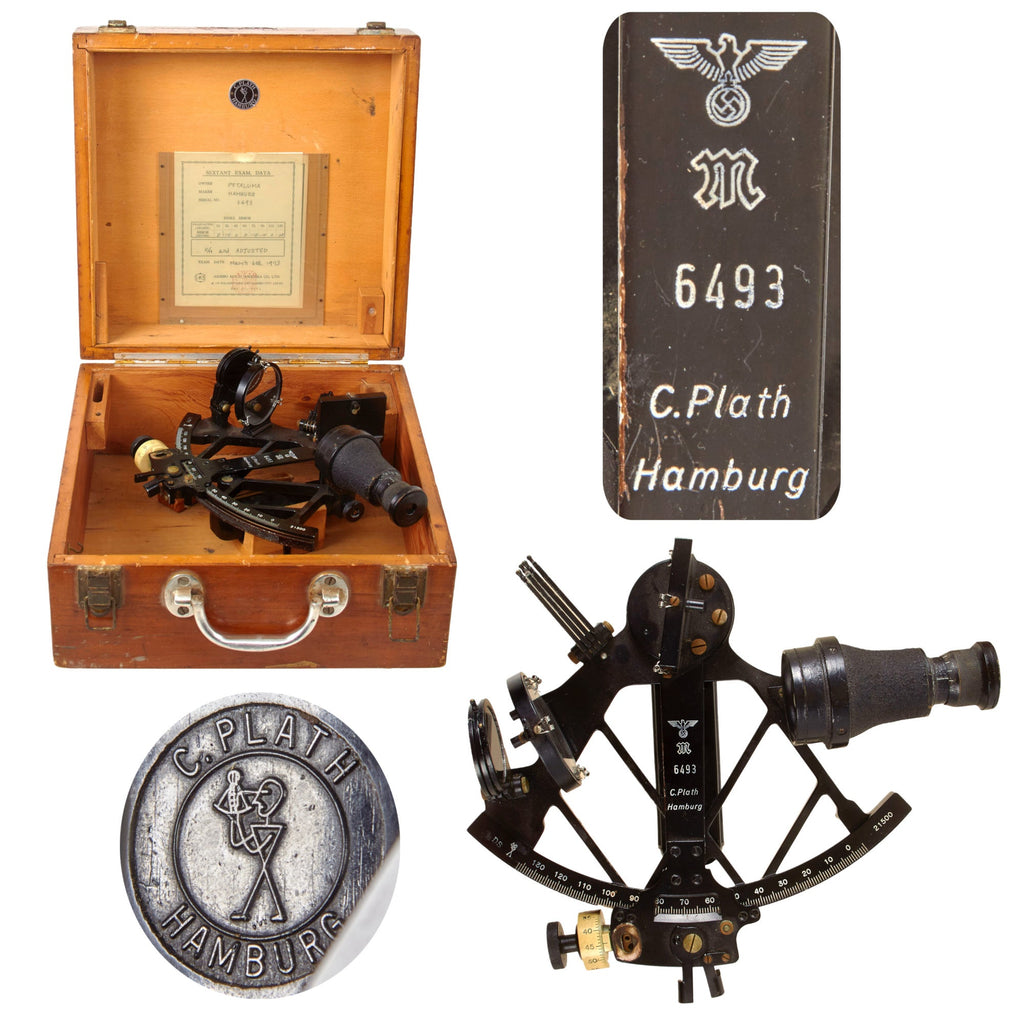 Original German WWII German Kriegsmarine Navy Sextant by C. Plath of Hamburg in Wooden Case Original Items