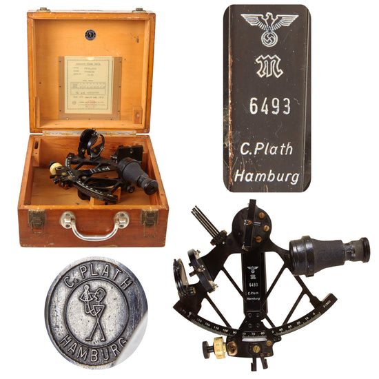 Original German WWII German Kriegsmarine Navy Sextant by C. Plath of Hamburg in Wooden Case Original Items