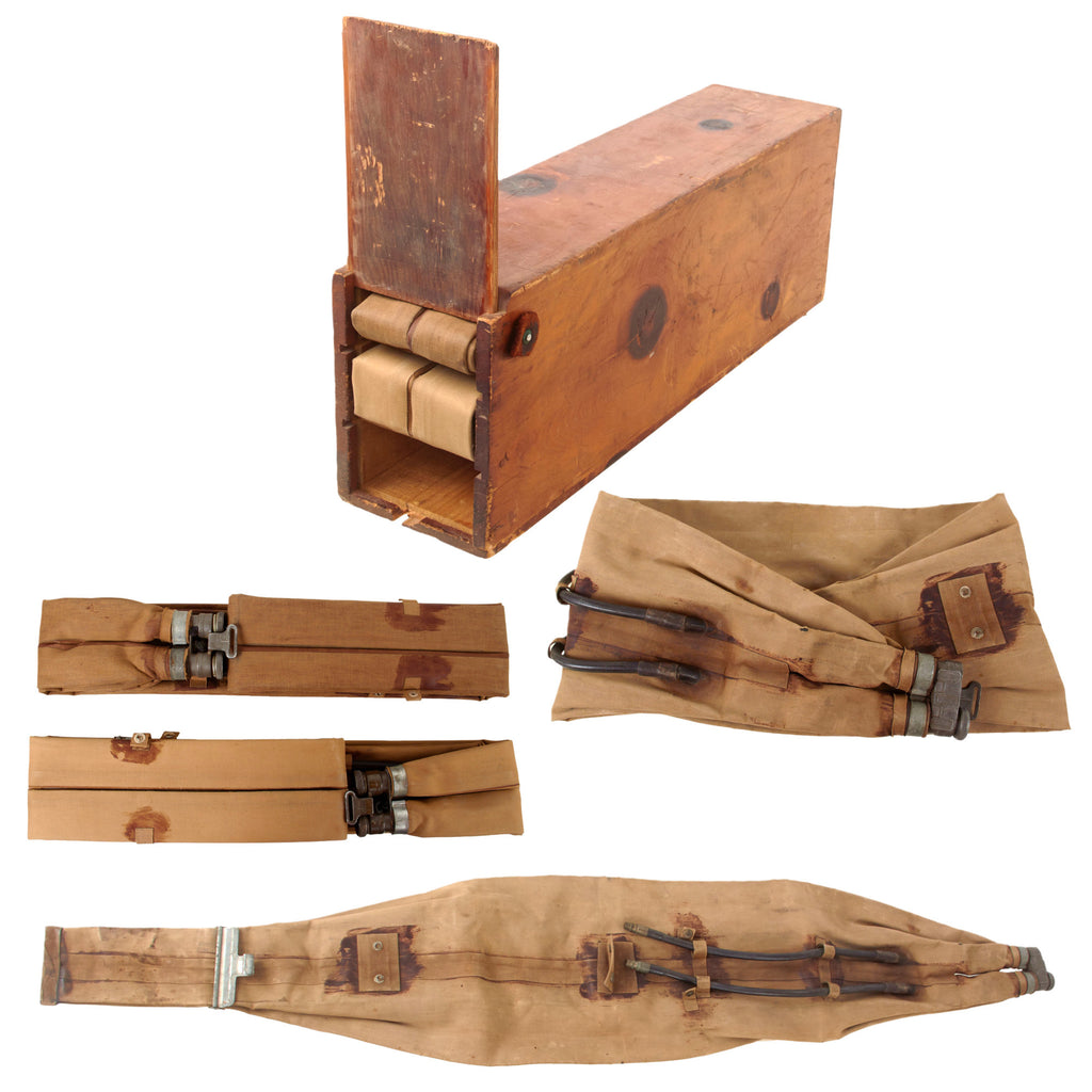 Original U.S. WWII Navy Original Crate of M1926 D-Day Inflatable Floatation Belt Life Preservers with Three Examples - Dated May, September, and October 1944 Original Items