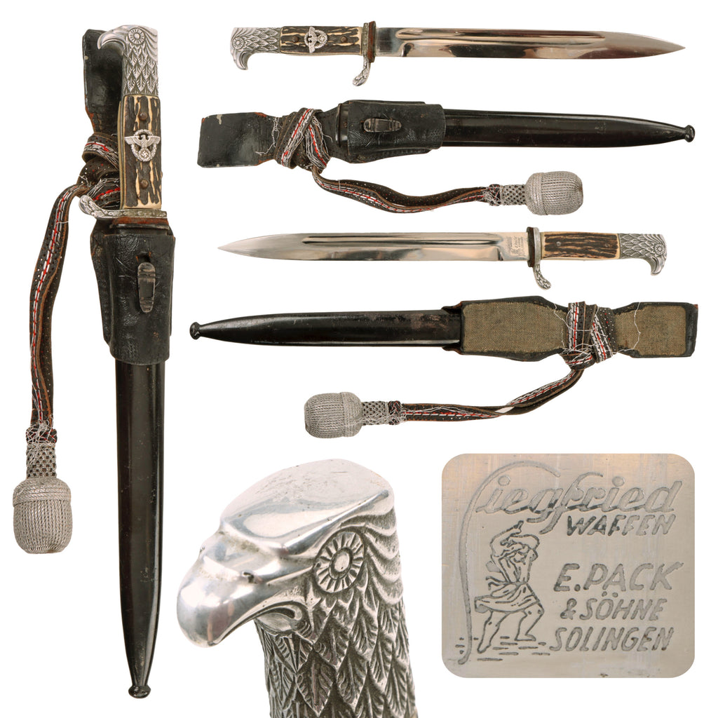Original German WWII Rare Metropolitan Police Short Dress Bayonet by "Siegfried" E. Pack & Söhne with Scabbard, Frog, and Troddel Original Items