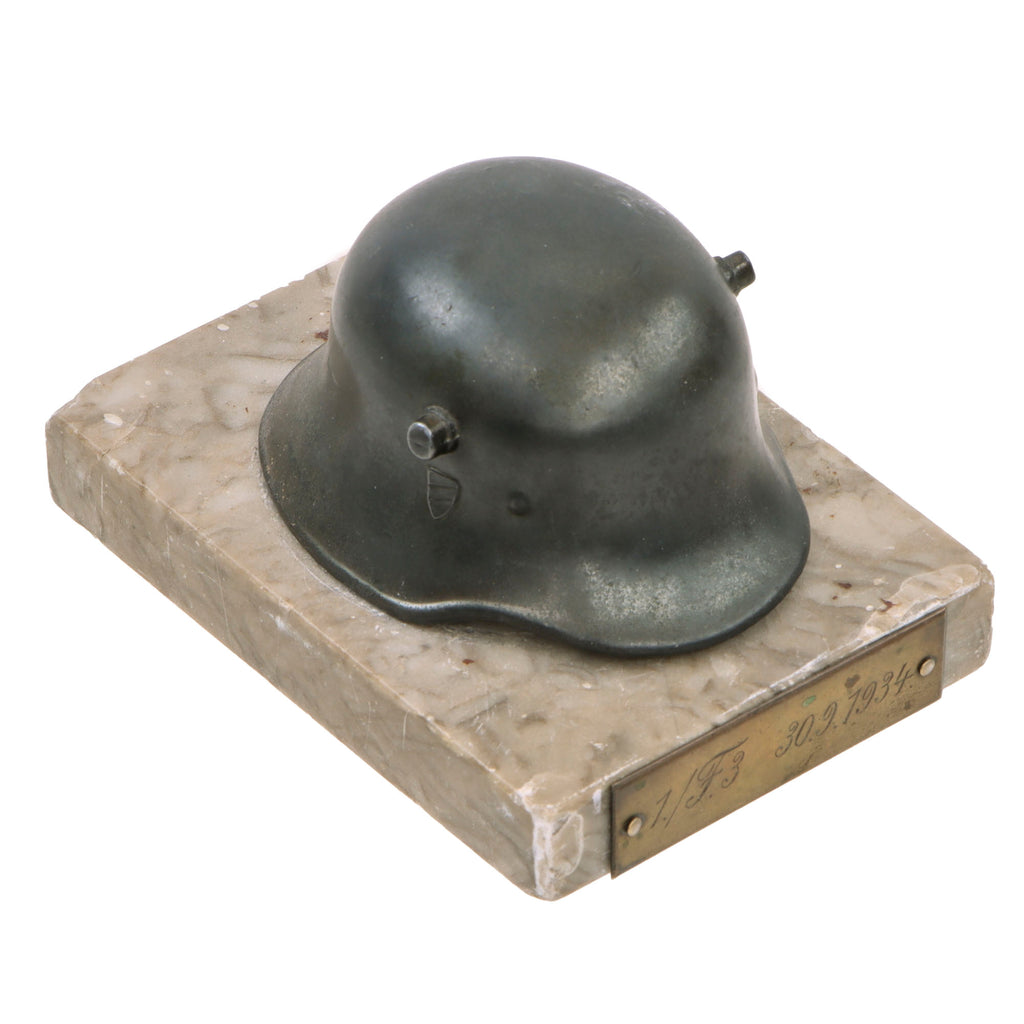 Original German WWII Army Heer Transitional M18 Double Decal Miniature Helmet Desk Ornament on Marble Base - dated 1934 Original Items