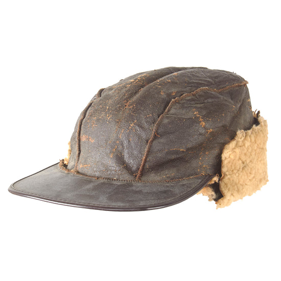 Original U.S. WWII Army Air Forces B-2 Gunner & Air Crew Shearling Leather Billed Cap - Rough Original Items
