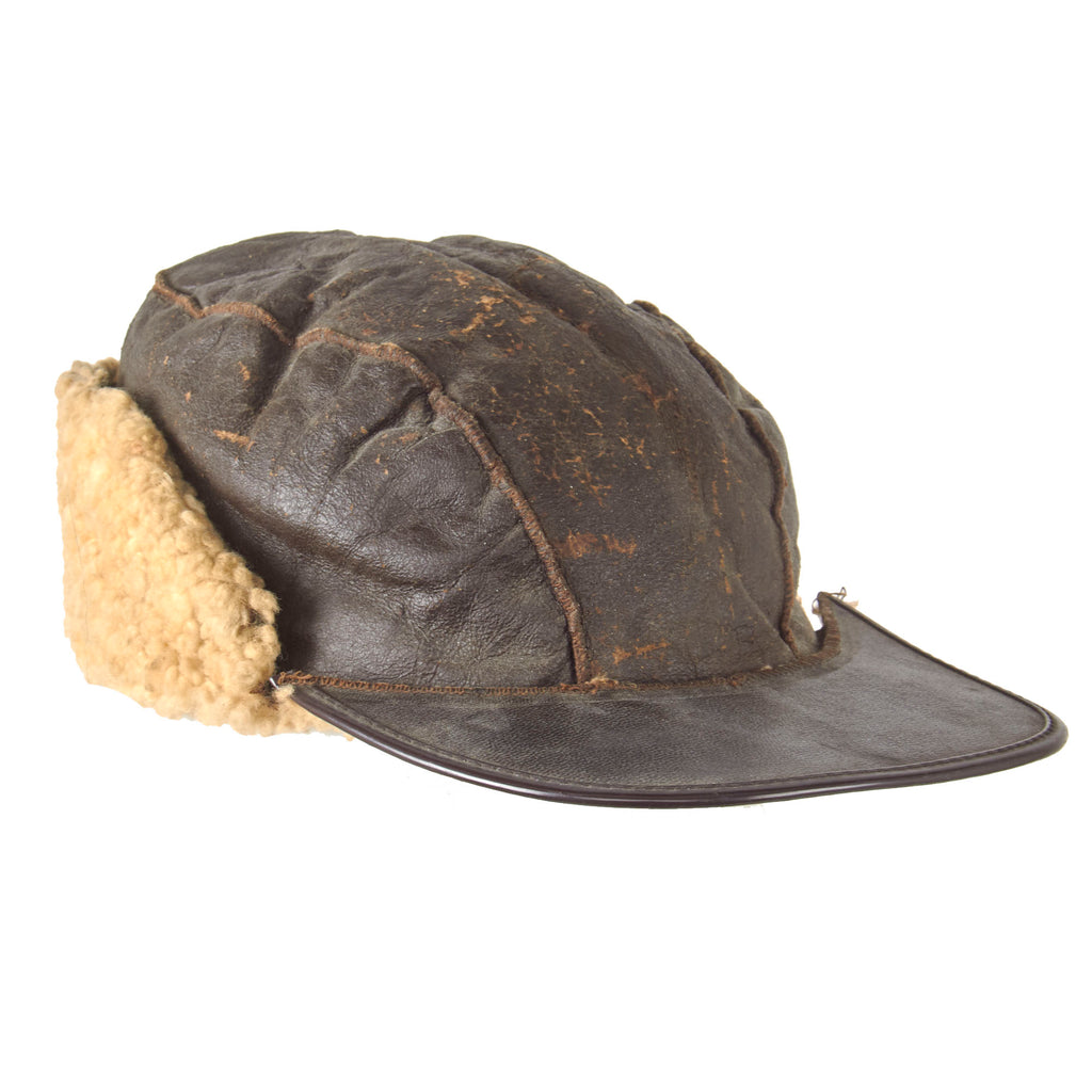 Original U.S. WWII Army Air Forces B-2 Gunner & Air Crew Shearling Leather Billed Cap - Rough Original Items