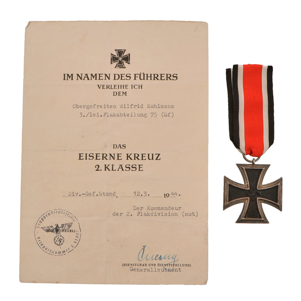 Original German WWII Iron Cross 2nd Class 1939 EKII with Named Award Document & Ribbon - Luftwaffe 75th Light Flak Unit Original Items