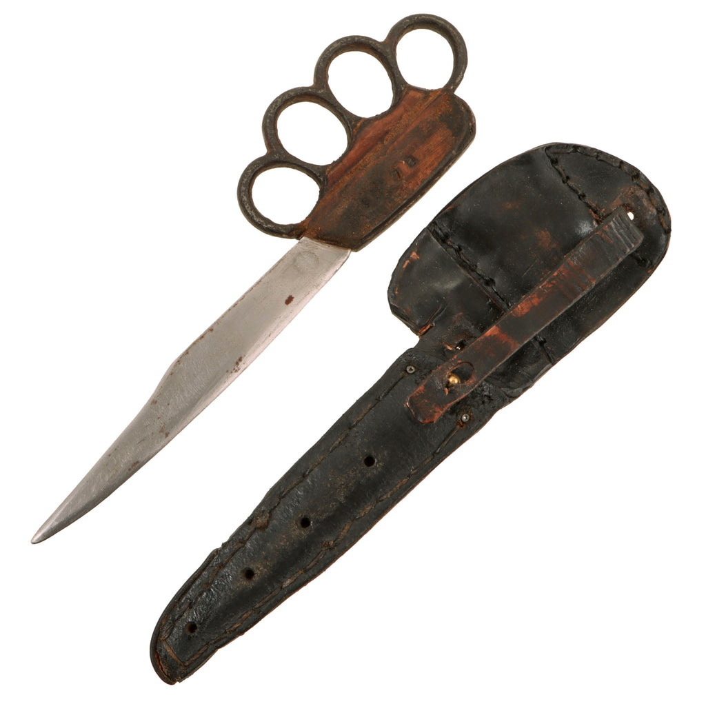 Original British WWII Knuckle Theater-Made Fighting Knife Marked BC-41 with Leather Sheath Original Items