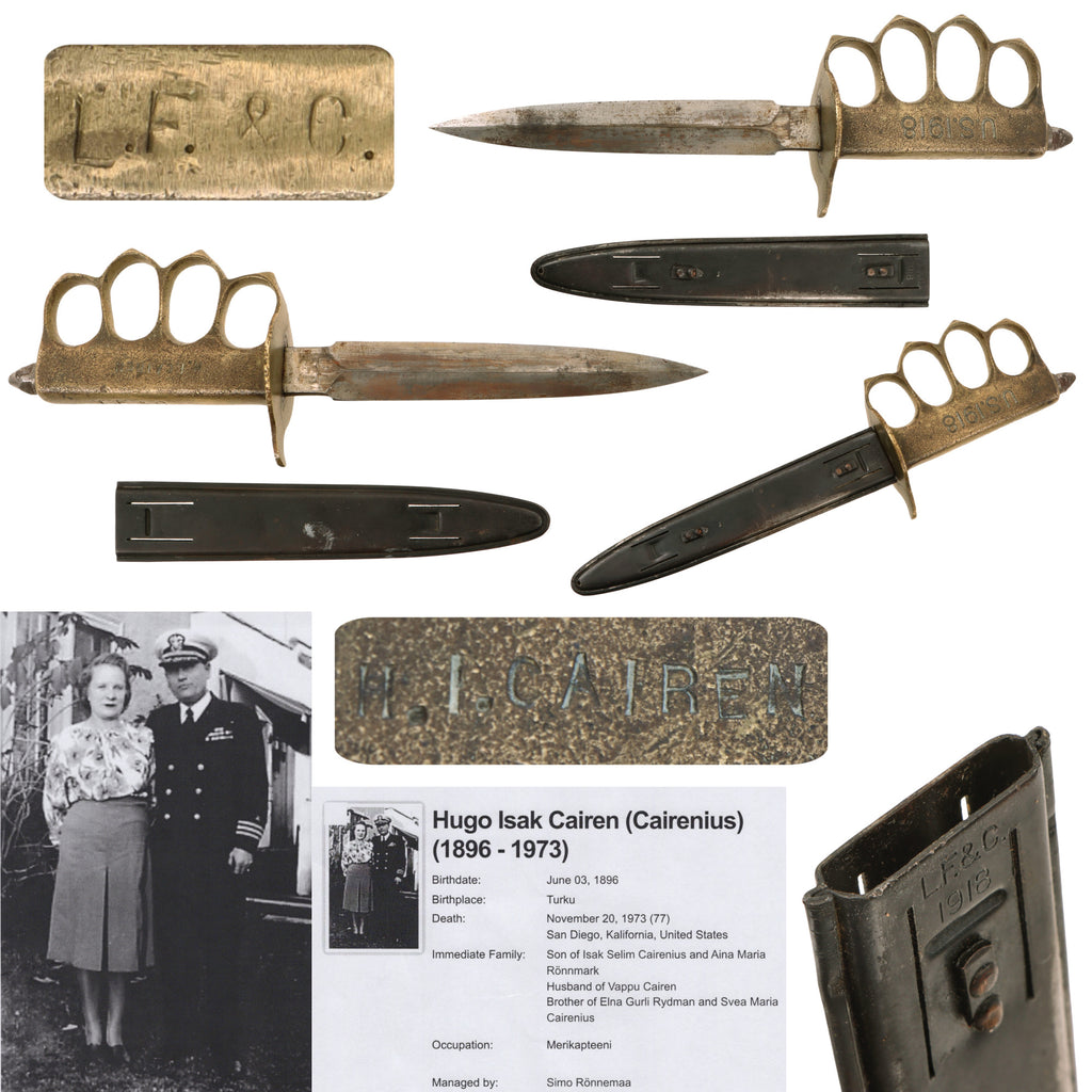 Original U.S. WWI Navy Commander Named Model 1918 Mark I Trench Knife by L. F. & C. with Matching Steel Scabbard & Au Lion Hilt - Commander Hugo Isak Cairen Original Items
