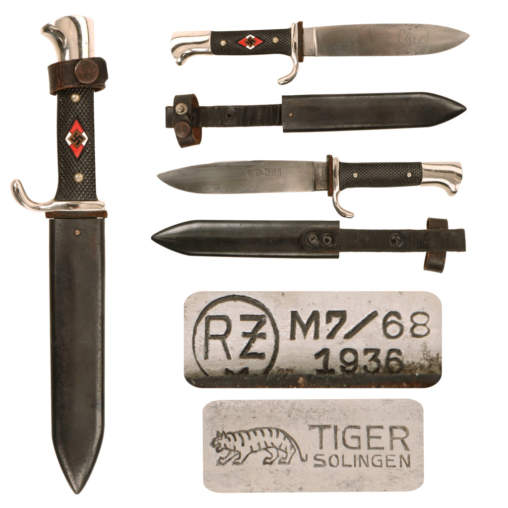 Original German Pre WWII 1936 Dated Transitional HJ Knife with Motto by TIGER with Rare Anodized Scabbard - RZM M7/68 Original Items