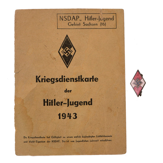 Original German WWII HJ Enamel Cap Badge Insignia by Fritz Zimmermann of Stuttgart with HJ War Service Card - RZM M1/72