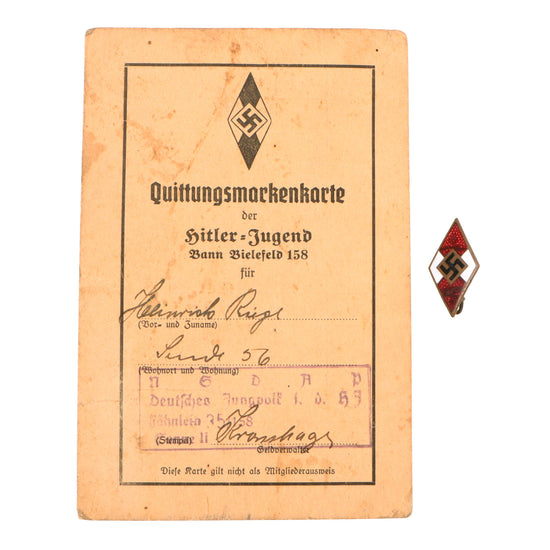 Original German WWII HJ Enamel Cap Badge Insignia by Frank & Reif of Stuttgart with HJ Stamp Card - RZM M1/102 Original Items