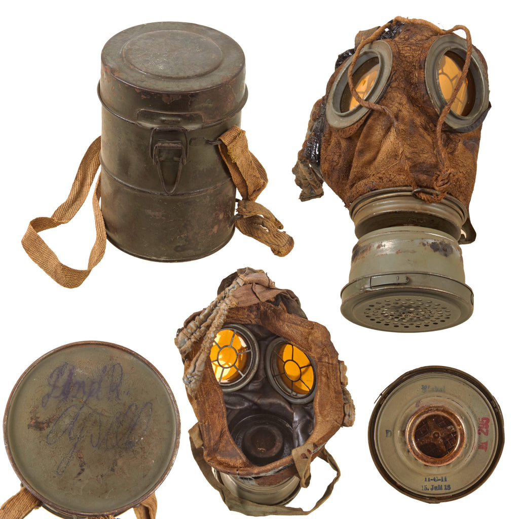Original Imperial German WWI Named M1917 Ledermaske Gas Mask with Final Model Filter & Canister with Original Ersatz Papercloth Strap - Dated 1918