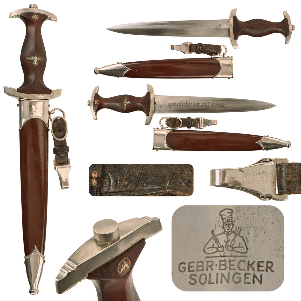 Original German Early WWII SA Dagger by Rare Maker Gebrüder Becker of Solingen with Later Scabbard and Hanger Original Items