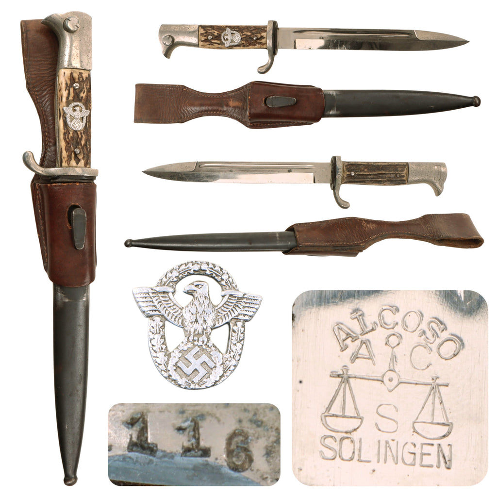 Original German WWII Rare Rural Police Short Dress Knife Bayonet by Alexander Coppel with Scabbard and Frog Original Items