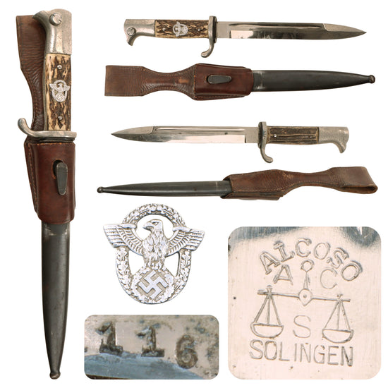 Original German WWII Rare Rural Police Short Dress Knife Bayonet by Alexander Coppel with Scabbard and Frog Original Items