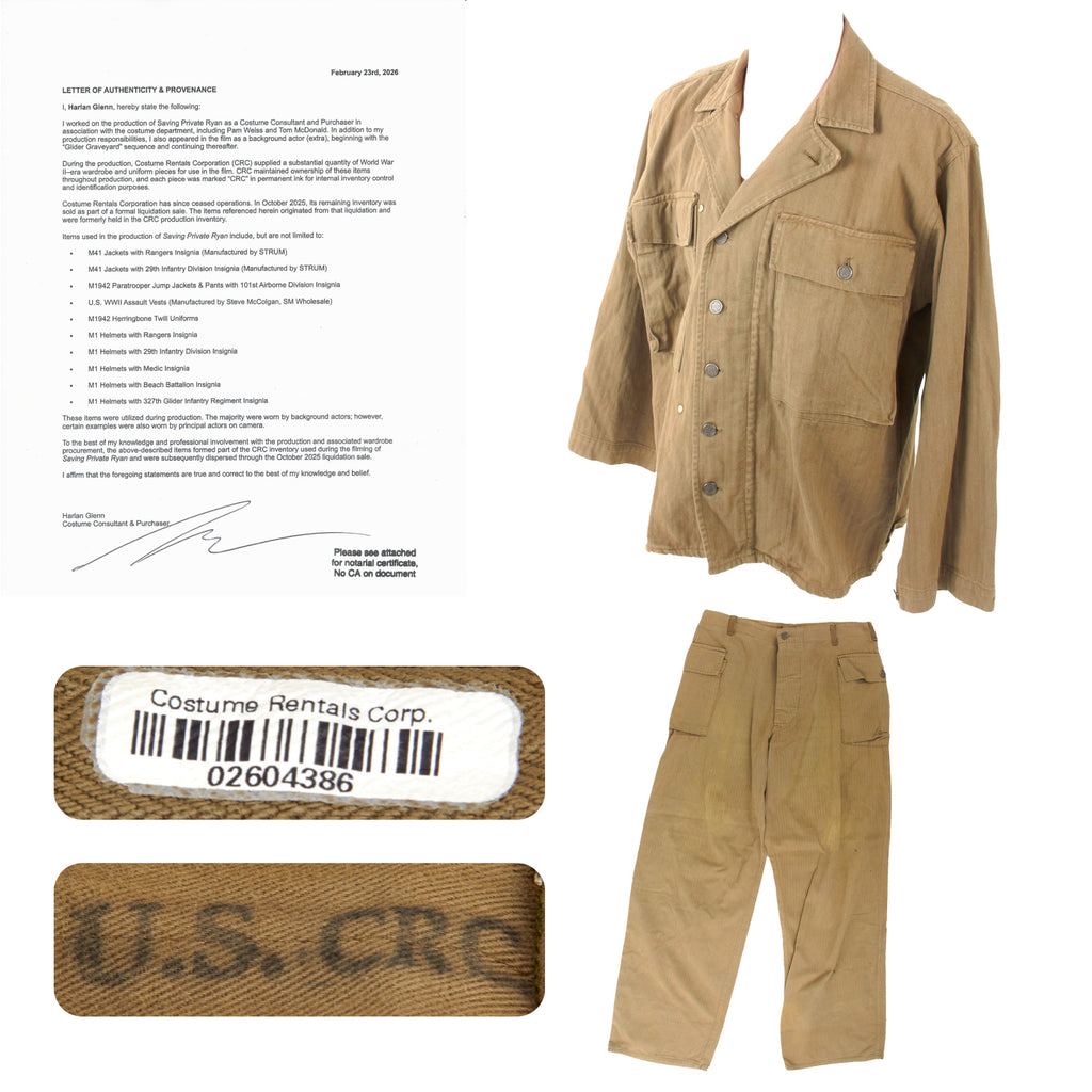 Original Saving Private Ryan U.S. WWII Army HBT Jacket & Trousers Worn by Extras with Copy of Notarized Letter of Authenticity Original Items