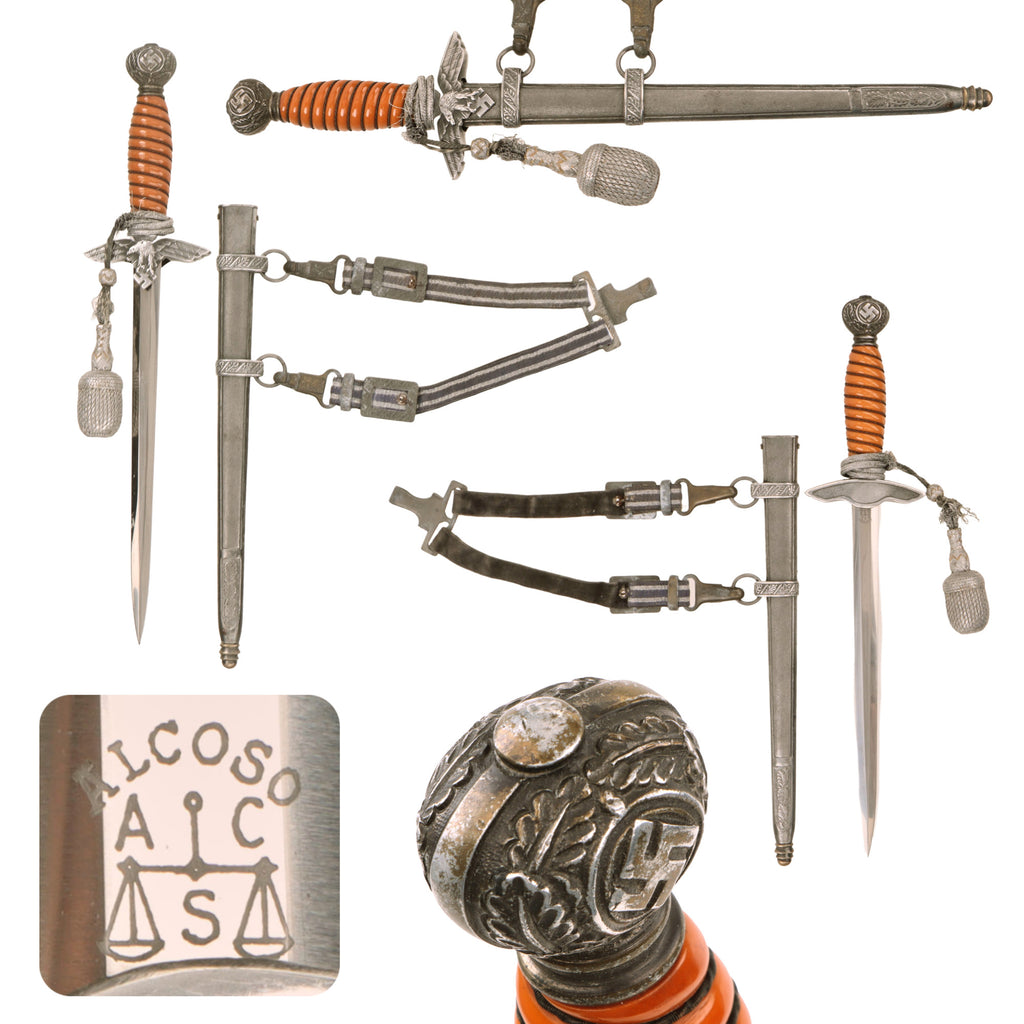 Original WWII German 2nd Model Luftwaffe Dagger by ALCOSO of Solingen with Scabbard, Hanger, and Portepee - circa 1939 Original Items