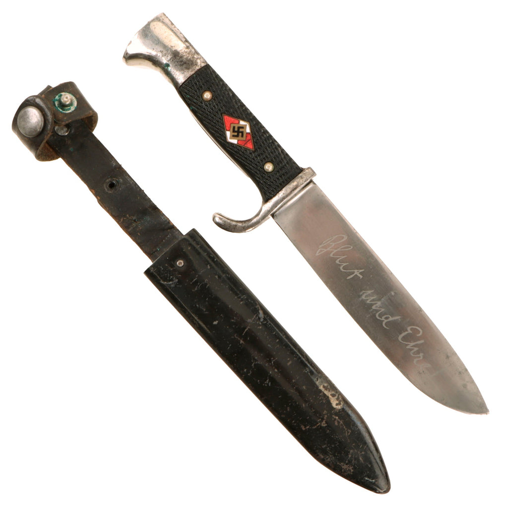Original German WWII Early Motto Marked HJ Knife by Rare Maker Gebrüder Christians of Solingen with Scabbard Original Items