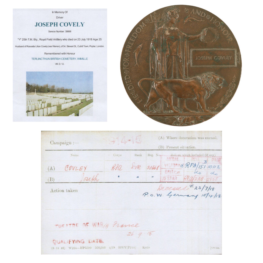 Original British WWI KIA Death Penny Soldier Memorial with Printed Research Documents - Gunner Joseph Covley, Prisoner of War, 25th Trench Mortar Battery, Royal Field Artillery Original Items