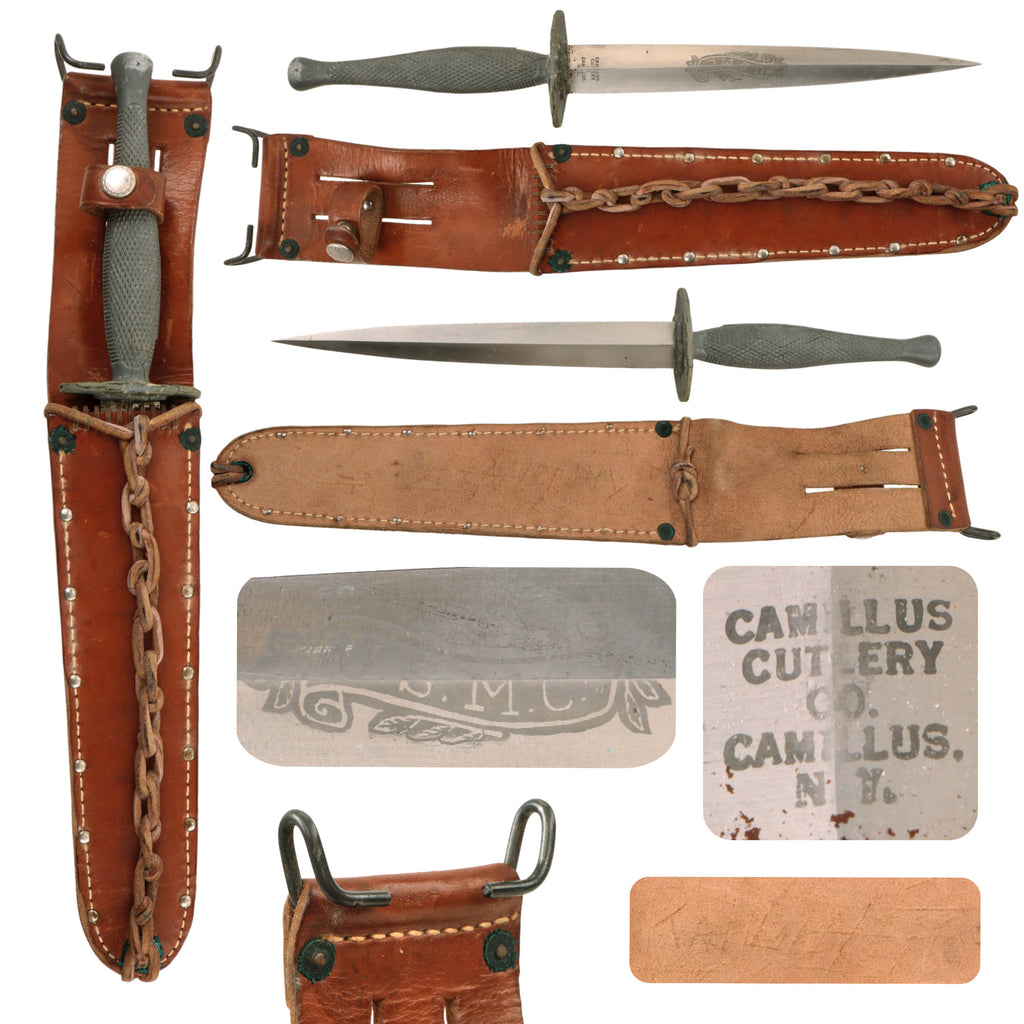 Original U.S. WWII USMC Marine Raider Stiletto Dagger by Camillus with M6 Sheath & Braided Chain Thong Original Items