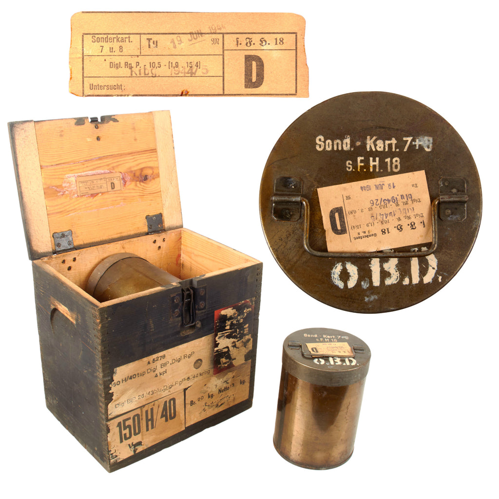 Original German WWII 10.5cm leFH 18 Light Field Howitzer Propellent Crate with Four Steel Canisters - Dated 1944 Original Items