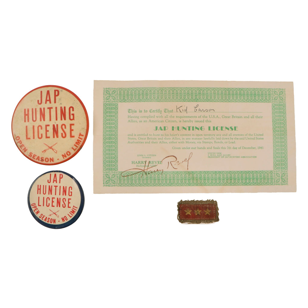Original U.S. WWII Homefront Pair of “Jap Hunting License” Propaganda Buttons with Certificate and Japanese Superior Private Rank Tab Original Items