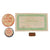 Original U.S. WWII Homefront Pair of “Jap Hunting License” Propaganda Buttons with Certificate and Japanese Superior Private Rank Tab Original Items