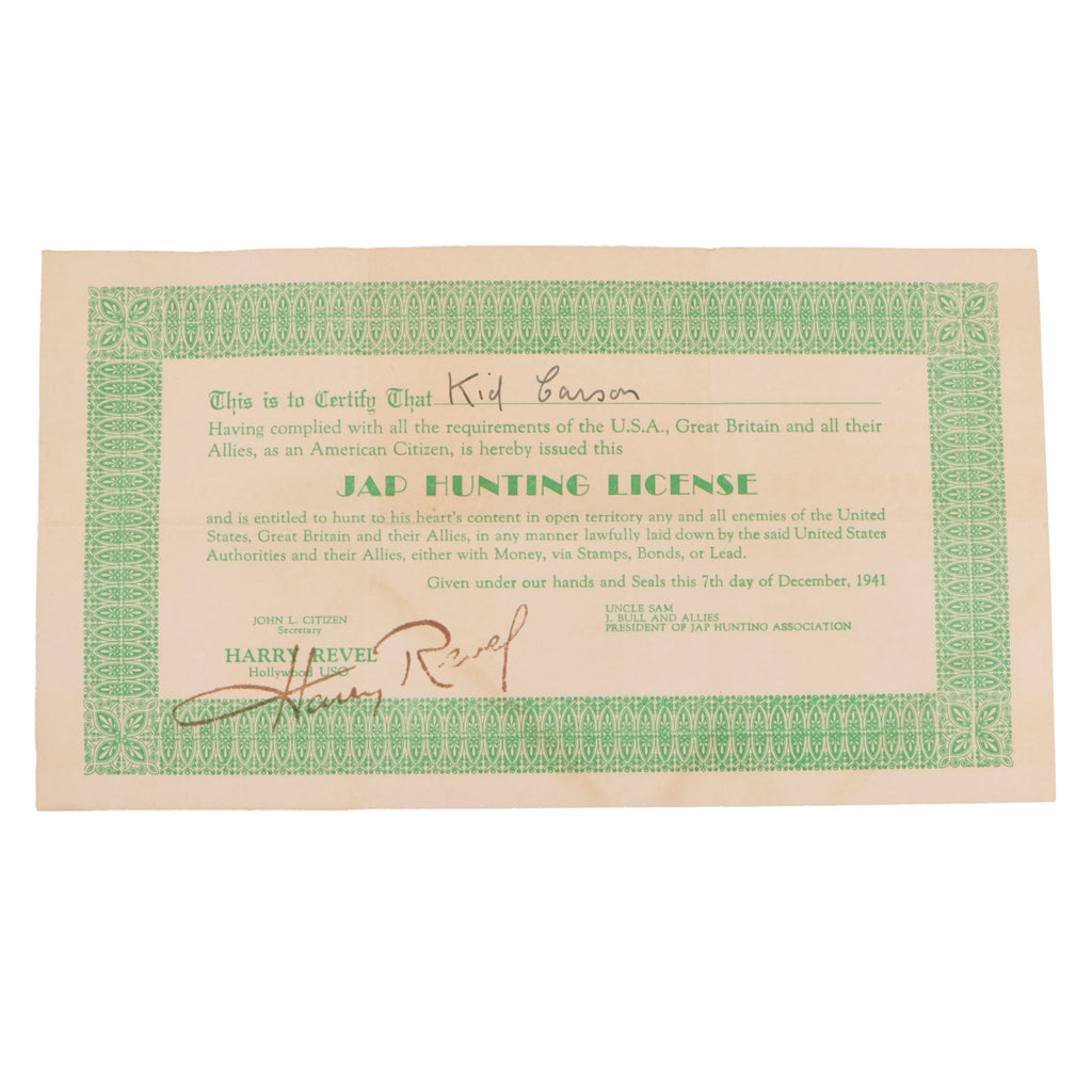 Original U.S. WWII Homefront Pair of “Jap Hunting License” Propaganda ...