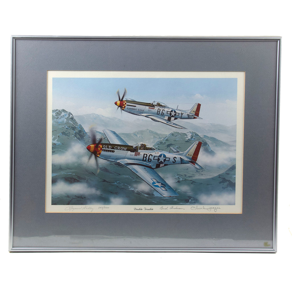Original Signed Limited Edition Print: Framed “Double Trouble” by Raymond Waddey Signed by 357th Fighter Group Aces Chuck Yeager and Bud Anderson - 283/2000 - 19 ½ x 23” Original Items