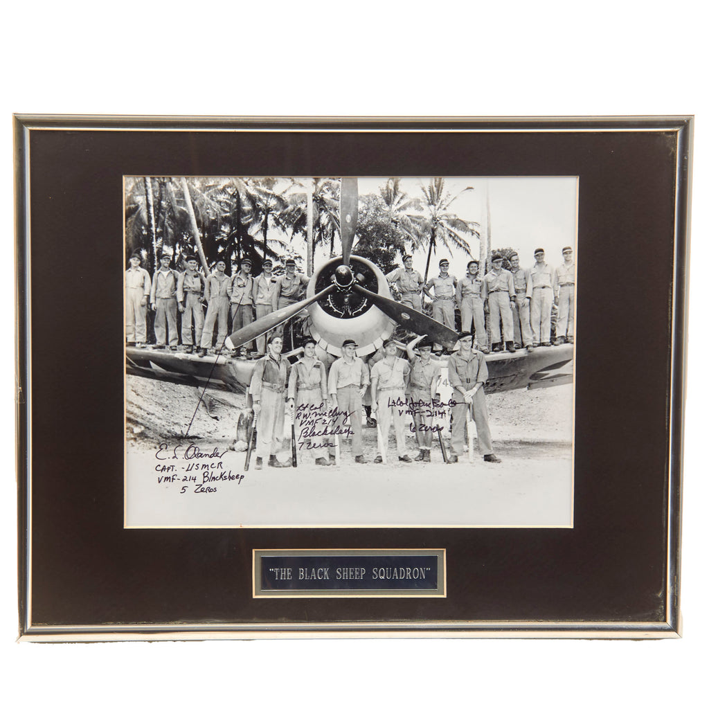 Original Signed Picture: U.S. WWII “Black Sheep” Marine Fighter Squadron 214 Framed Picture Signed by Pilots Edwin L. Olander, Robert McClurg and John F. Bolt - 11 ¼ x 14 ¼” Original Items