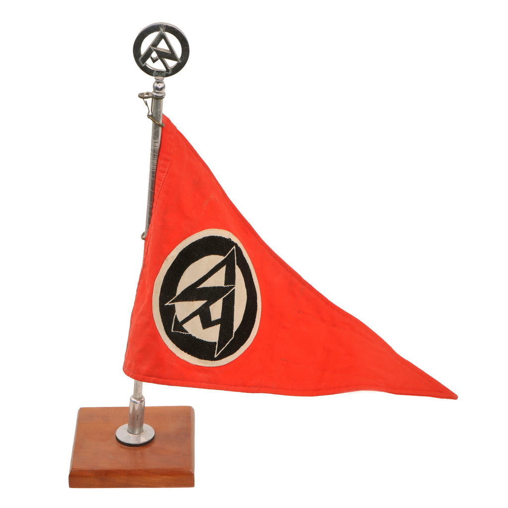 Original German WWII SA Vehicle Staff Car Pennant Flag with Flag Pole, Finial, and RZM A4 / 166 Tag - 9 ¼" x 14” Original Items