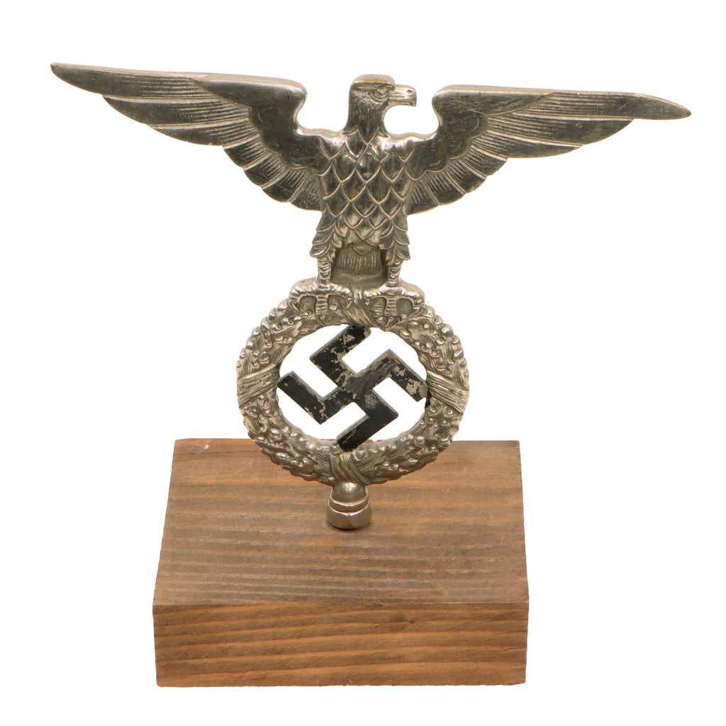 Original German WWII NSDAP National Socialist Party First Pattern Flag Pole Finial "Topper" with Wood Stand - Plated Brass Original Items