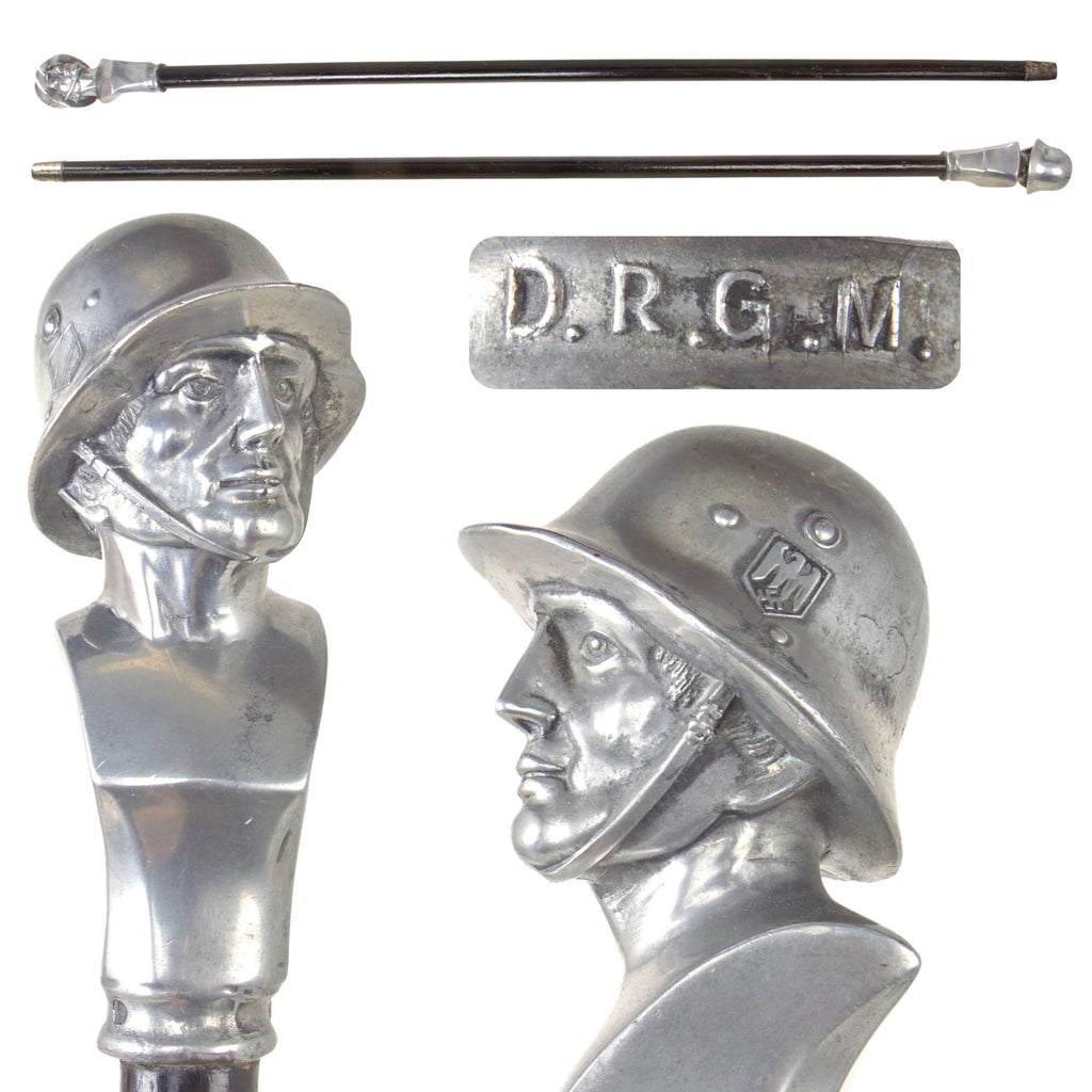 Original German Pre-WWII German Soldier Bust Walking Stick Cane with Double Decal Transitional M1916 Stahlhelm & DRGM Marking - 36” Long Original Items