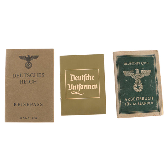 Original German WWII Set of Three Documents - Passport, Foreigner Workbook, and Uniform ID Guide Original Items