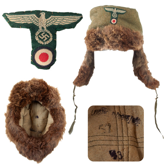 Original German WWII Eastern Front 1943 Dated Land Customs Rabbit Fur Pelzmütze Winter Hat with RBNr. Marking - Size 57 Original Items