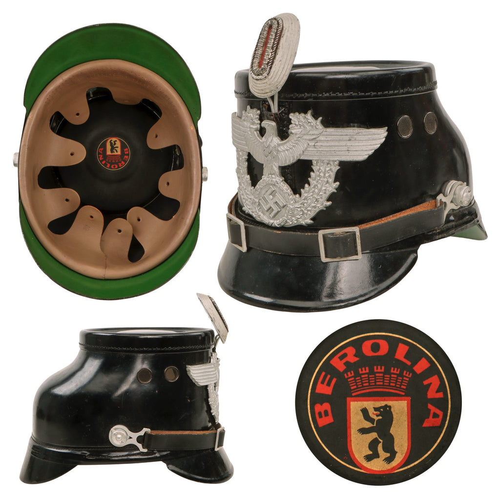Original German WWII Named Early Pattern Metropolitan Police Shako in Black by Berolina - Size 55 Original Items