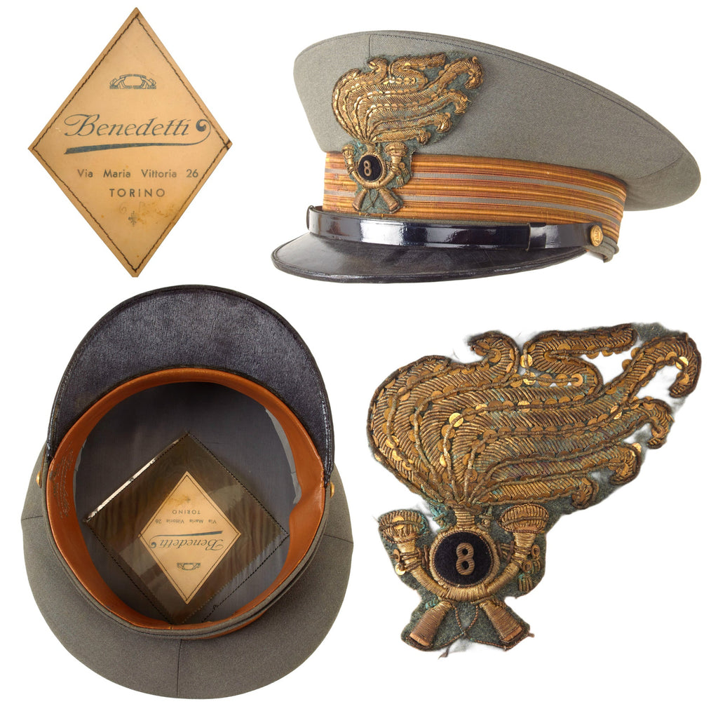 Original WWII Italian 8th Bersaglieri Regiment Capitano Officer's Dress Peaked Visor Cap by Benedetti of Torino Original Items