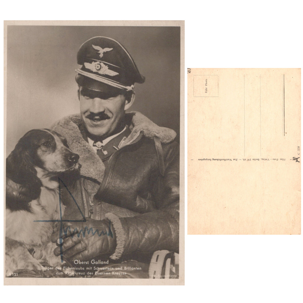 Original German WWII Luftwaffe Ace Pilot Generalleutnant Adolf Galland 4" x 6" Signed Photo Postcard - Circa 1942 Original Items