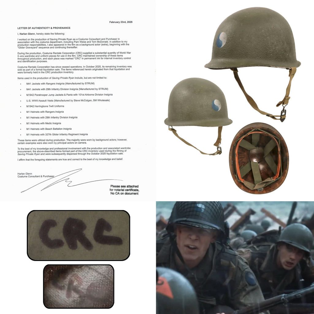 Original U.S. M1 Helmet Used in Steven Spielberg’s Saving Private Ryan with 29th Infantry Division Insignia and Copy of Notarized Letter of Authenticity