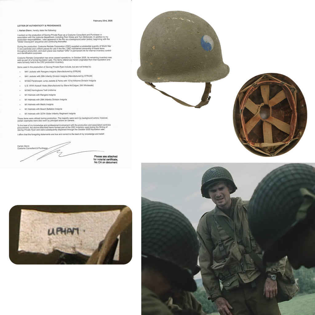 Original U.S. WWII M1 Helmet Worn by Technician 5th Grade Timothy E. Upham in Film Saving Private Ryan with Cut-Down Firestone Liner - 29th Infantry Division - Comes with Original Notarized Letter of Authenticity Original Items