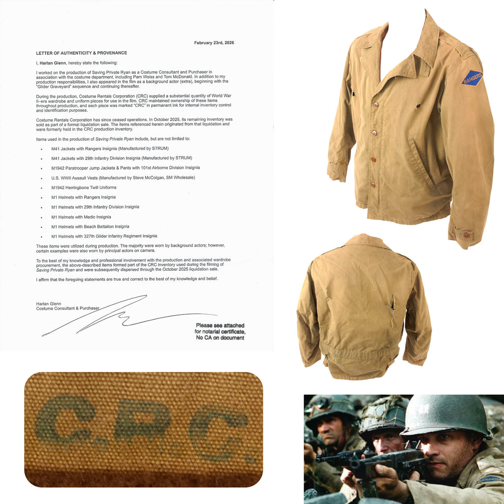 Original Saving Private Ryan U.S. WWII Rangers M41 Field Jacket Costume Piece with “Bullet Holes” & Copy of Notarized Letter of Authenticity Original Items