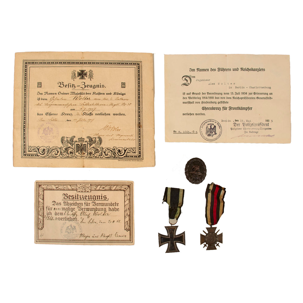 Original Imperial German WWI Prussian Iron Cross 1914 2nd Class, Wound Badge, and Honor Cross 1914-1918 with Matching Award Documents - Alex Wolter, Vorpommersche Feldartillerie-Regiment Nr. 38 Original Items
