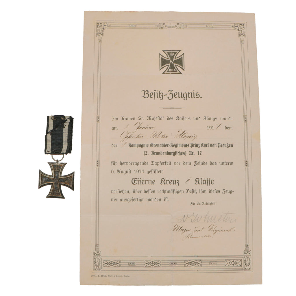 Original Imperial German WWI 1914 Iron Cross 2nd Class with 1917 Award Certificate to Gefreiter Walter Klöpzig - Grenadier-Regiment Nr. 12