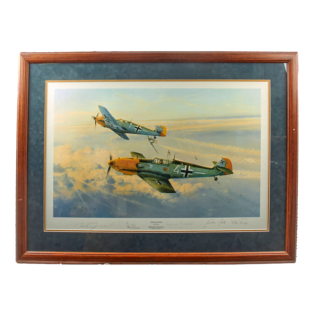 Original Signed Limited Edition Print: Framed “Eagle Attack” by Robert Taylor Signed by Four Battle of Britain Luftwaffe Aces - 300/1250 - 30 3/4 x 40 3/4”