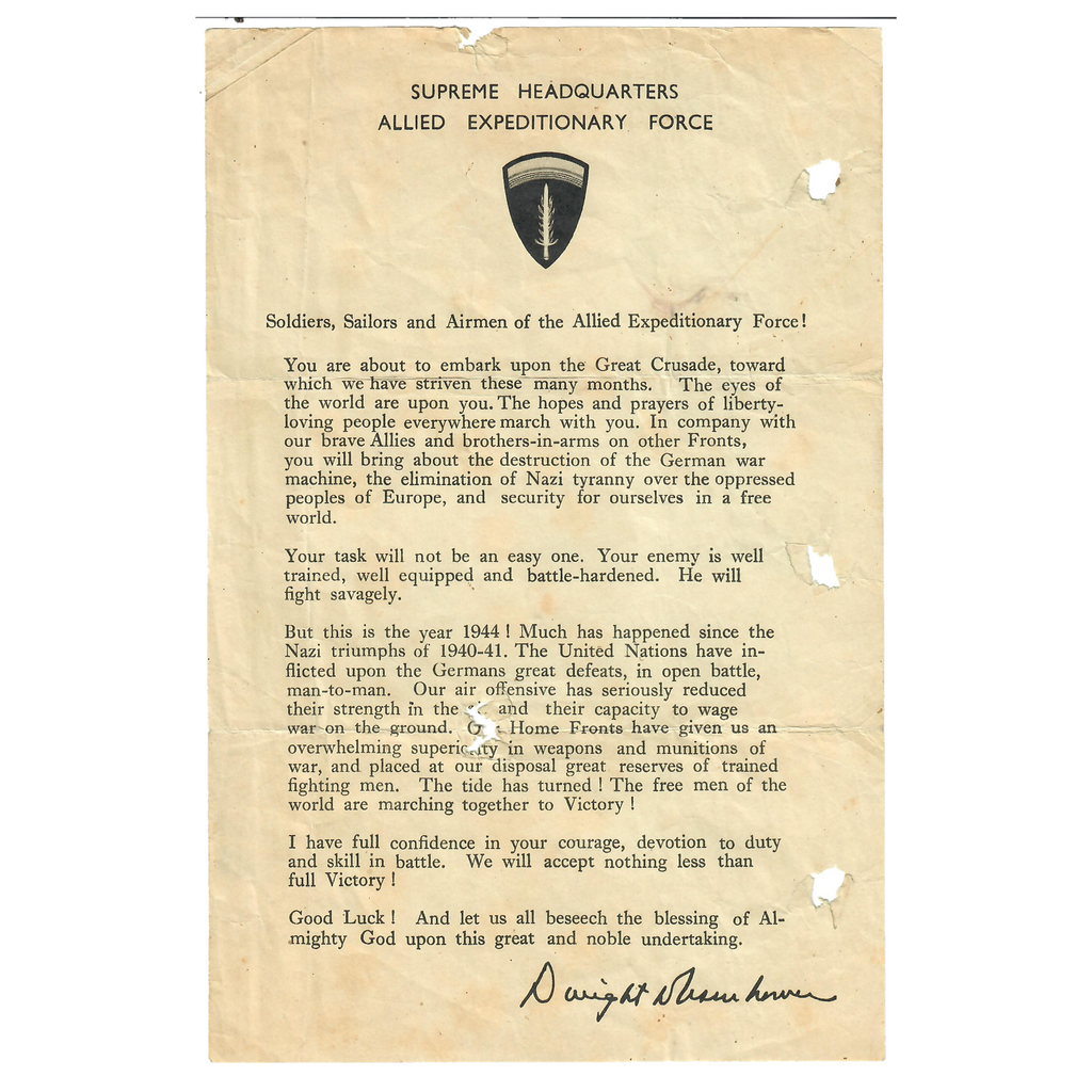 Original U.S. WWII June 6, 1944 D-Day Supreme Headquarters Allied Expeditionary Force Eisenhower Order of the Day - Normandy Invasion
